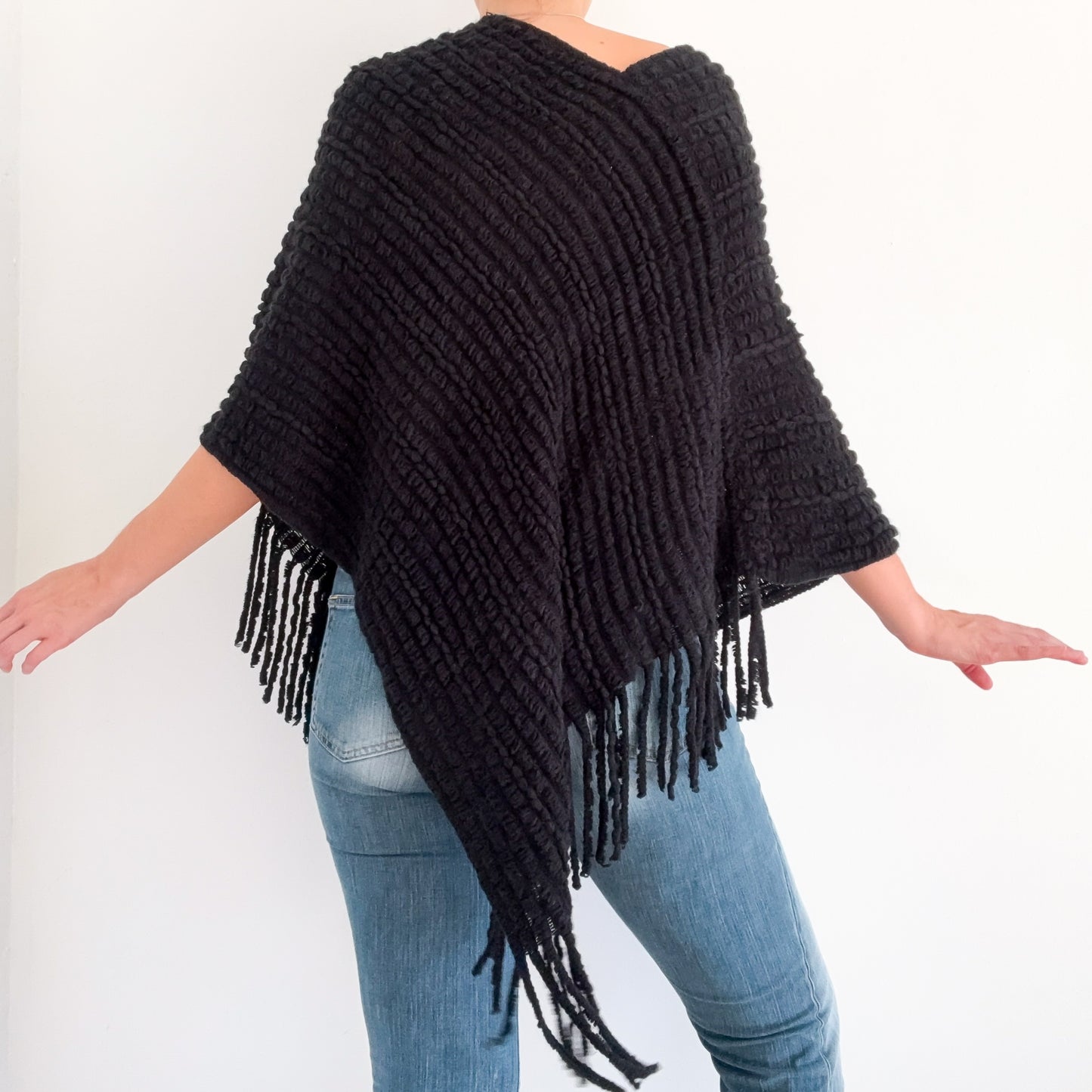 Y2K Black Knit Fringe Poncho / One Size