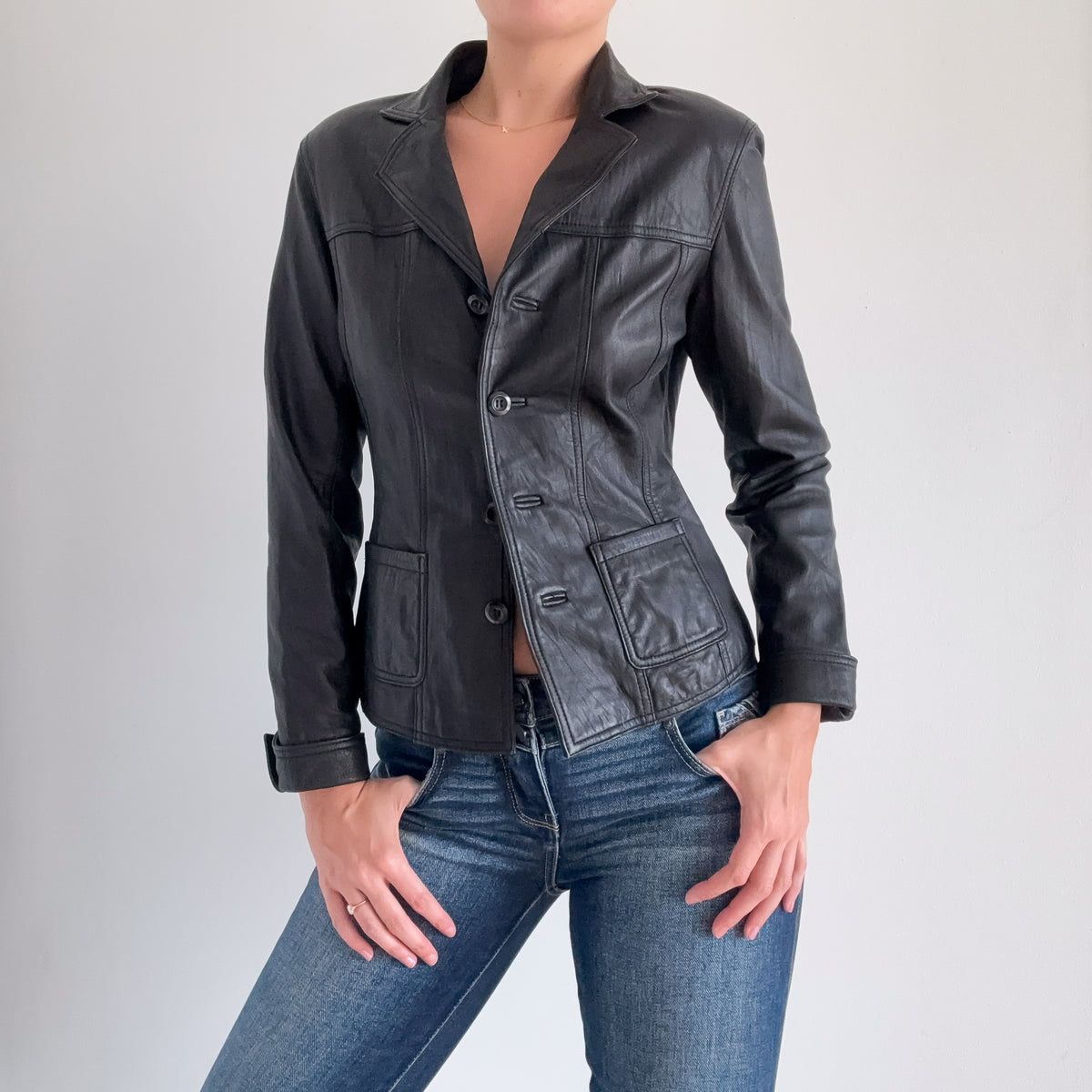 90's Black Leather Blazer Jacket / SZ M