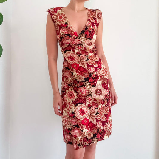 Y2K Maroon & Beige Floral Paisley Midi Dress / SZ S/M