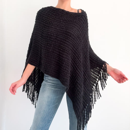 Y2K Black Knit Fringe Poncho / One Size