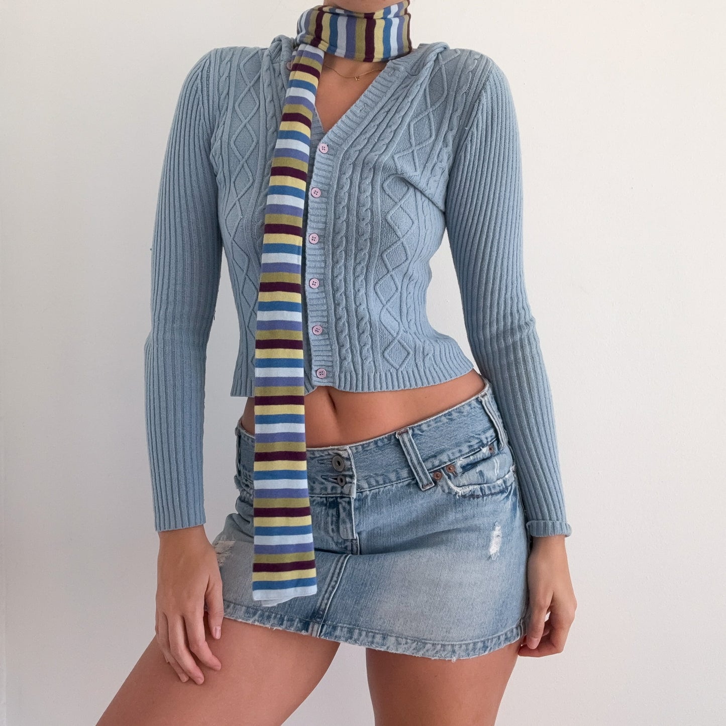 Y2K Blue & Green Striped Knit Scarf