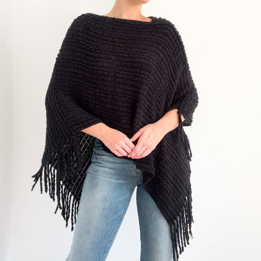 Y2K Black Knit Fringe Poncho / One Size