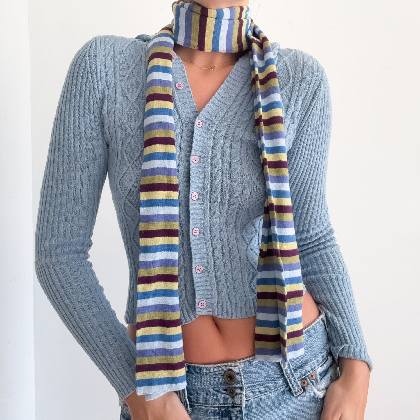 Y2K Blue & Green Striped Knit Scarf