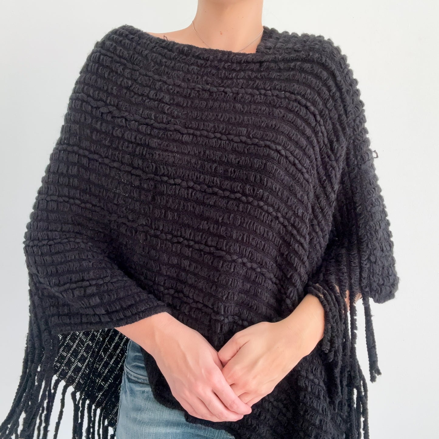 Y2K Black Knit Fringe Poncho / One Size