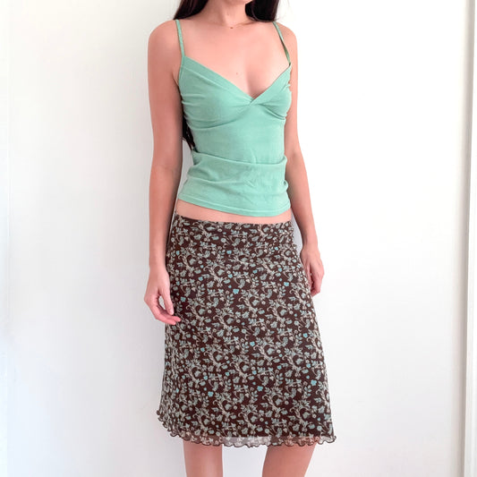 Y2K Brown & Teal Floral Mesh Midi Skirt / SZ S-M