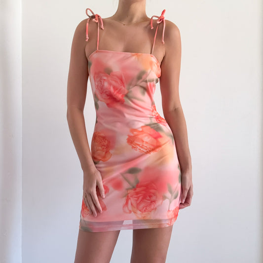 Y2K Peach Rose Mesh Mini Dress / SZ M