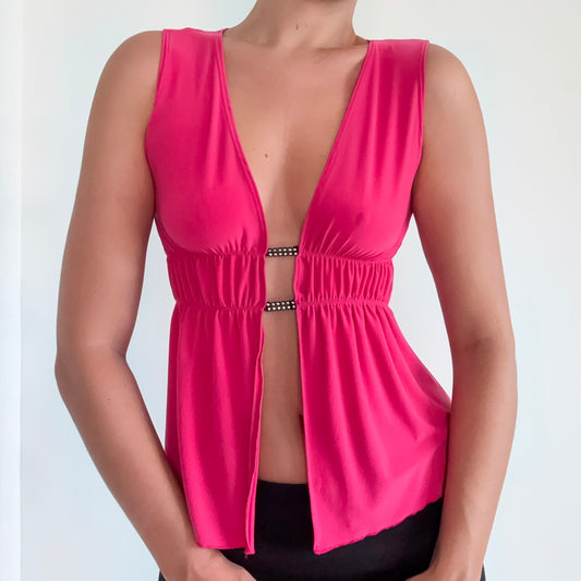 Y2K Hot Pink Open Front Diamond Top / SZ S