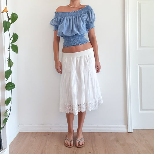 Y2K White Cotton Crochet Pleated Midi Skirt / SZ M-L