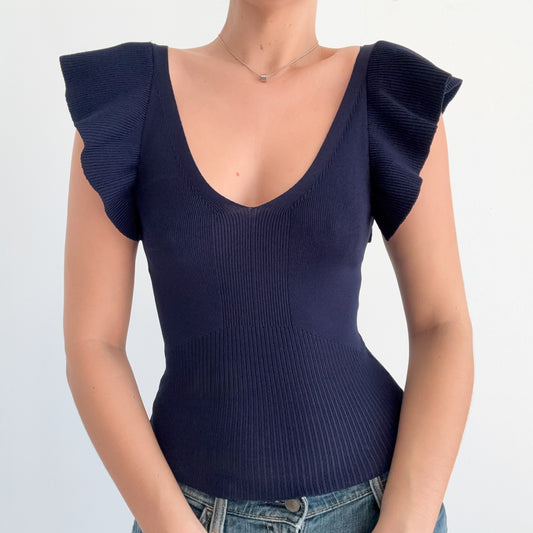 Contemporary Navy Ribbed Knit Flutter Top / SZ S