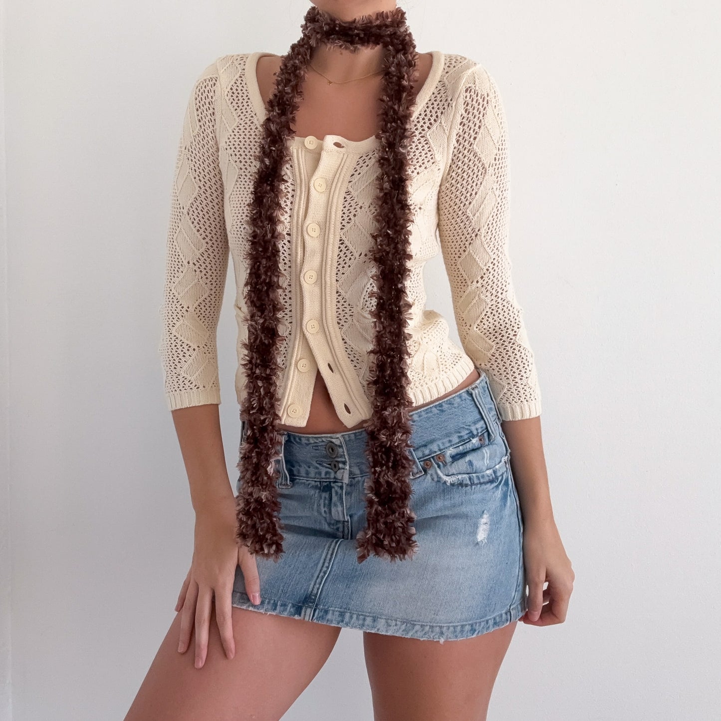 Y2K Brown Fuzzy Skinny Scarf