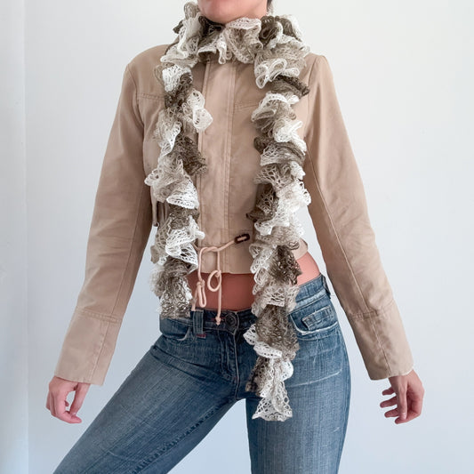 Y2K White & Taupe Knitted Curly Scarf