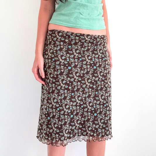 Y2K Brown & Teal Floral Mesh Midi Skirt / SZ S-M