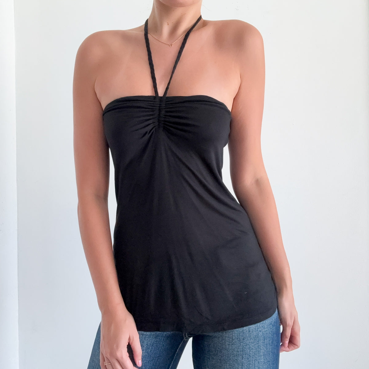 Y2K Black Rayon Halter Top / SZ XS/S