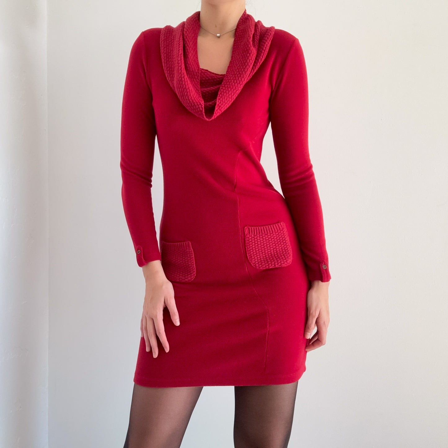 Y2K Red Cowl Neck Pocket Sweater Dress / SZ M