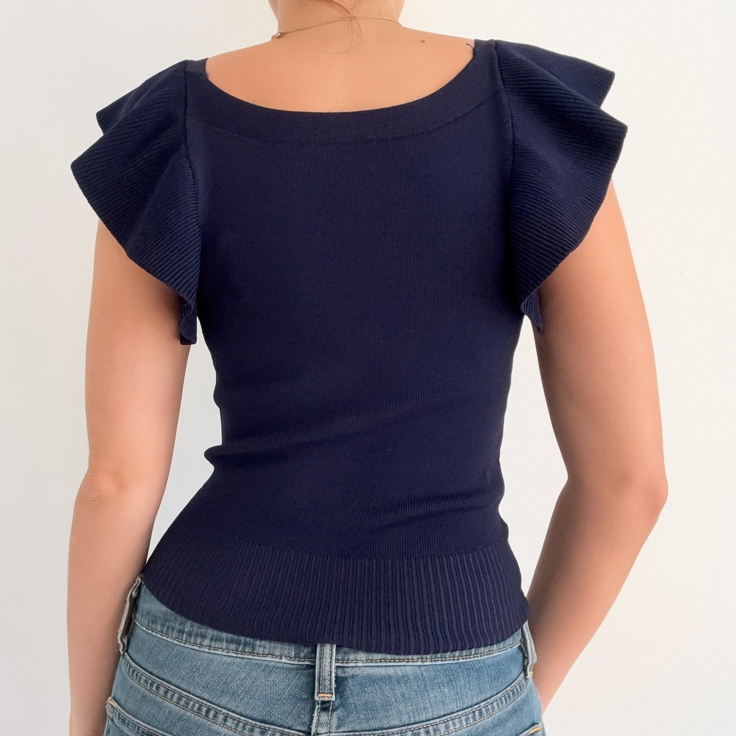 Contemporary Navy Ribbed Knit Flutter Top / SZ S