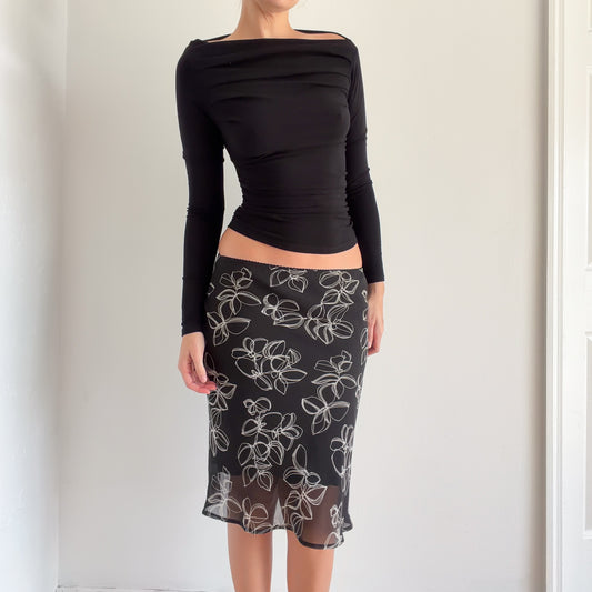 Y2K Black & White Floral Midi Skirt / SZ S-M