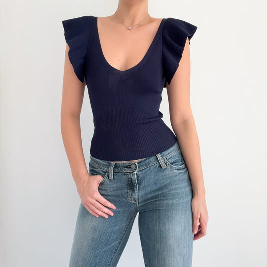 Contemporary Navy Ribbed Knit Flutter Top / SZ S