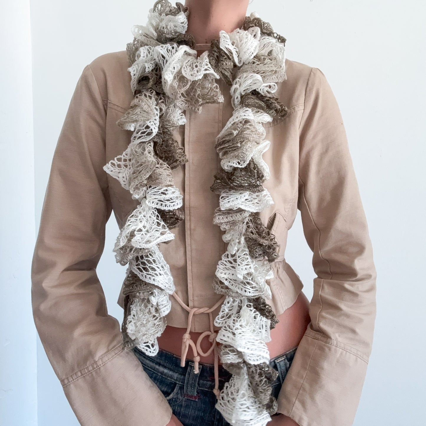 Y2K White & Taupe Knitted Curly Scarf