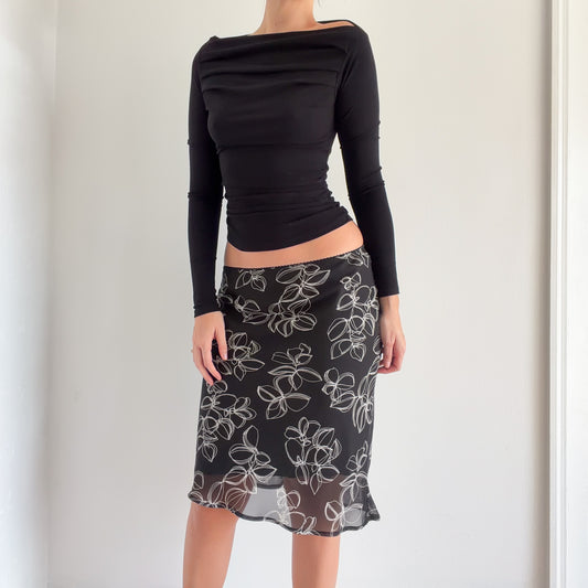 Y2K Black & White Floral Midi Skirt / SZ S-M