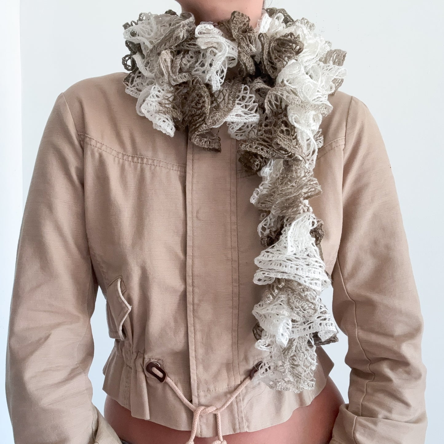 Y2K White & Taupe Knitted Curly Scarf