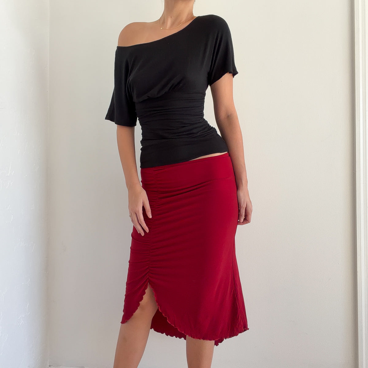 Y2K Burgundy Ruched Midi Skirt / SZ S-M