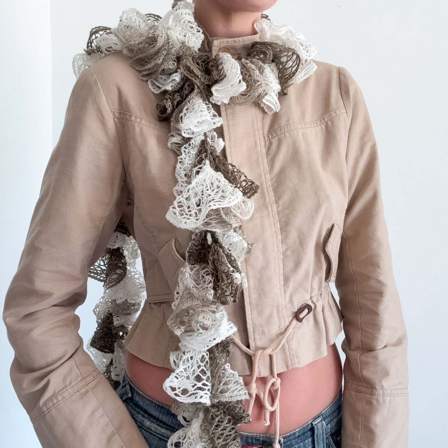 Y2K White & Taupe Knitted Curly Scarf