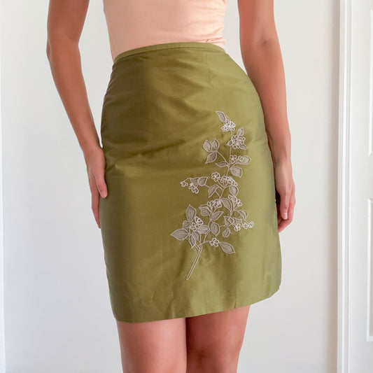 90's Olive Embroidered Pencil Skirt / SZ 2/4