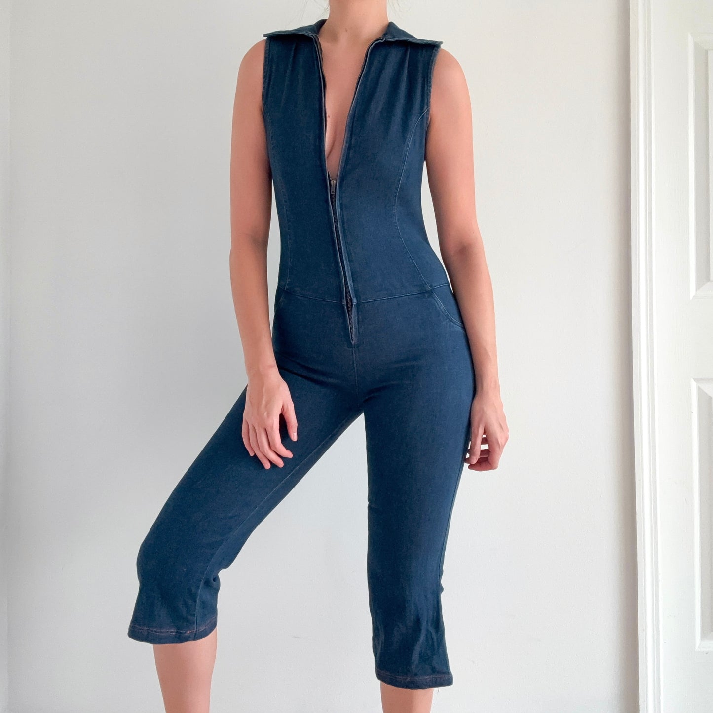 Y2K Denim Zip Capri Jumpsuit / SZ M