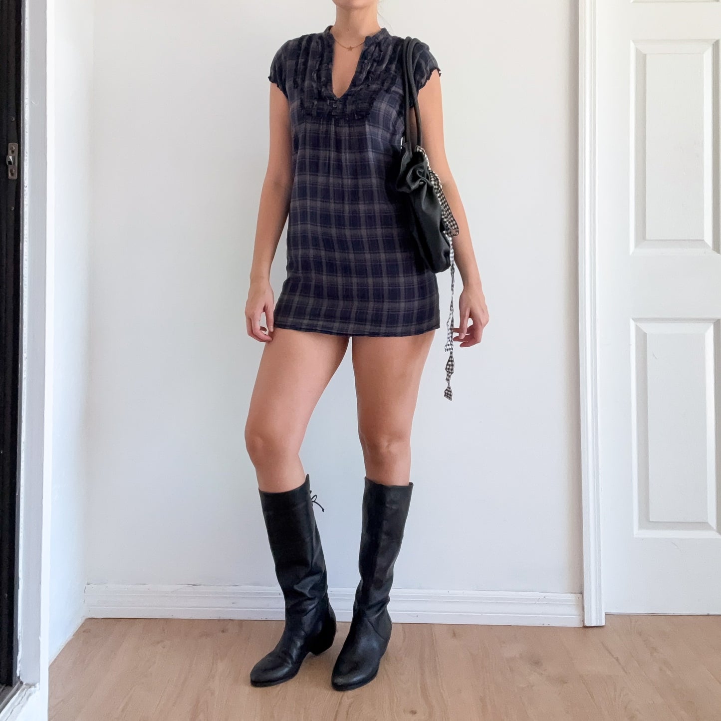 Y2K Navy & Grey Flannel Babydoll Dress / SZ XS/S