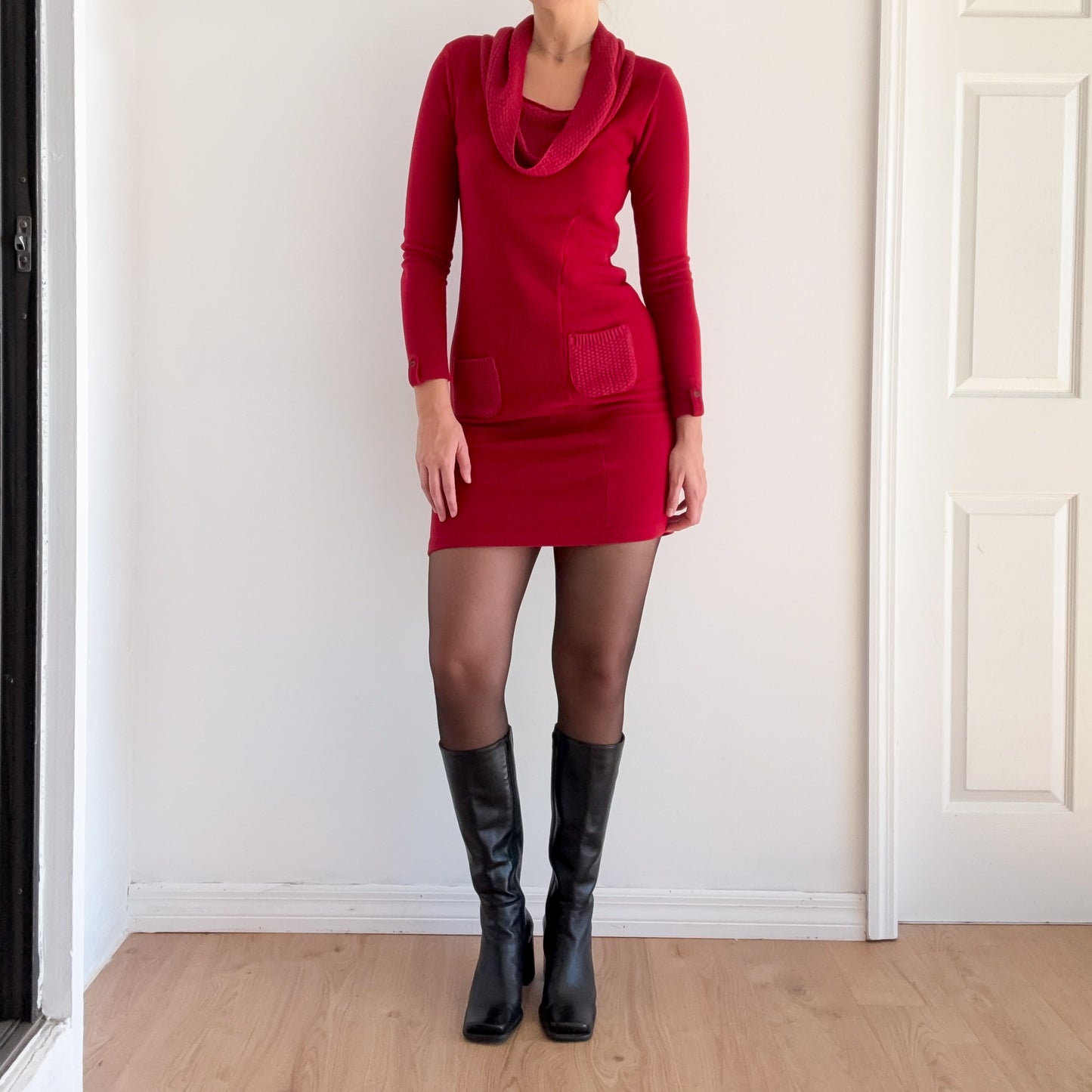 Y2K Red Cowl Neck Pocket Sweater Dress / SZ M