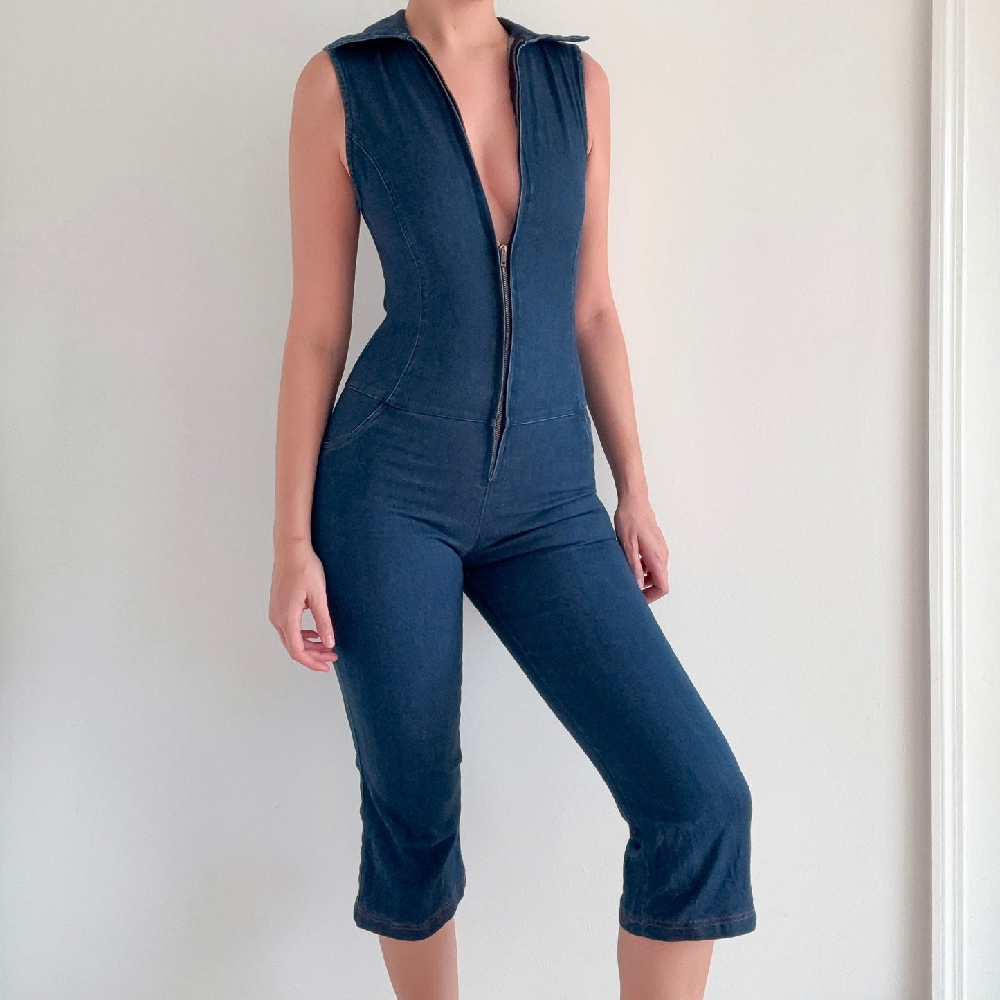 Y2K Denim Zip Capri Jumpsuit / SZ M