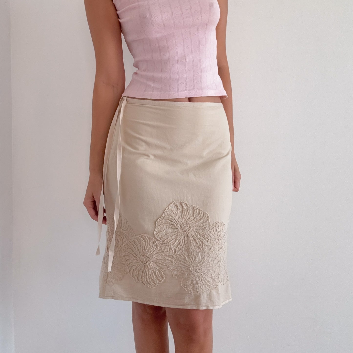 Y2K Cream Cotton Embroidered Midi Skirt / SZ 4