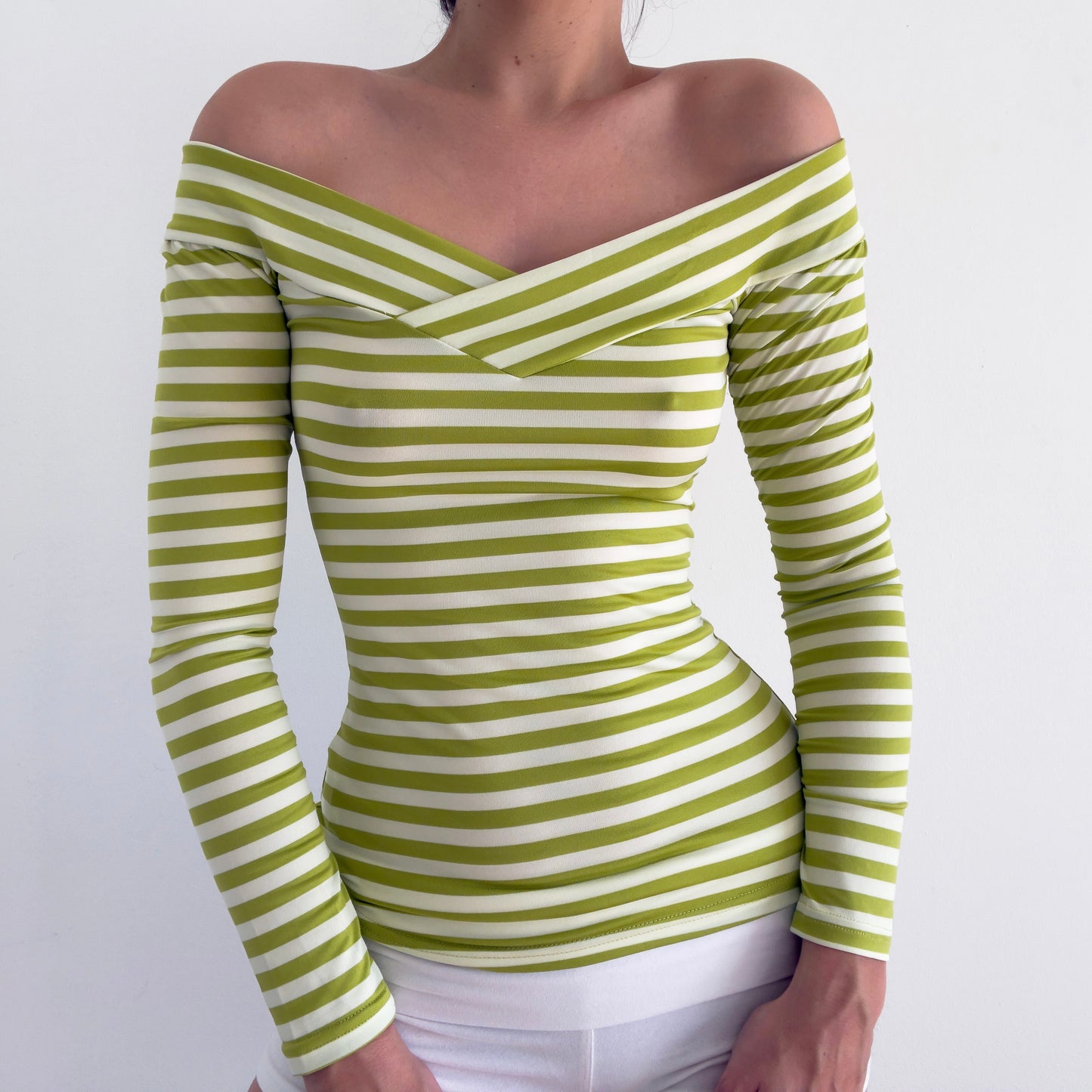 White & Green Striped Off the Shoulder Top / SZ S