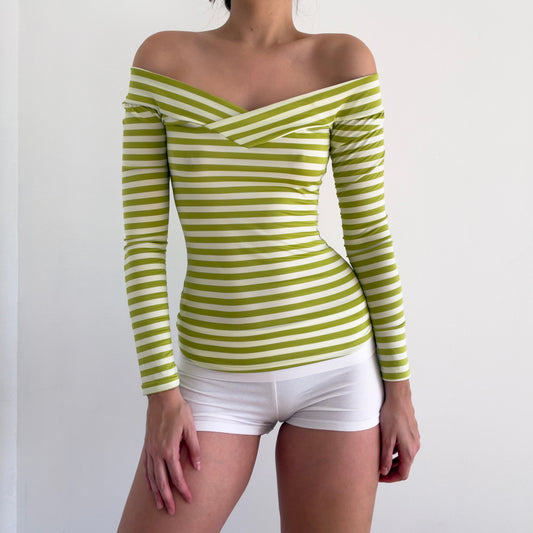 White & Green Striped Off the Shoulder Top / SZ S