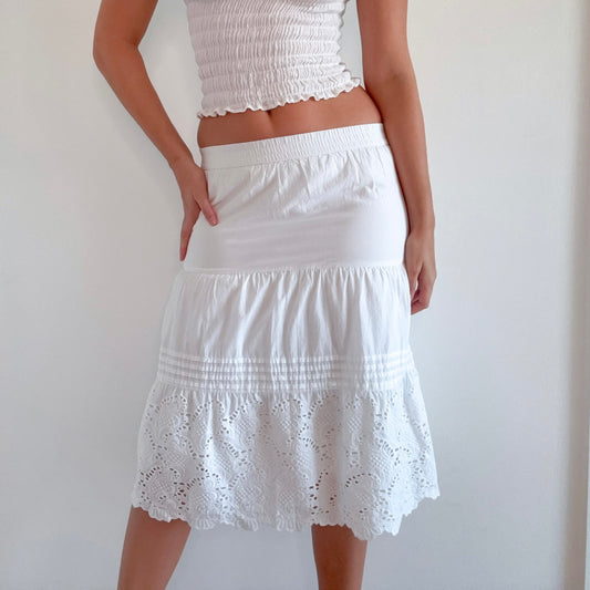 Y2K White Cotton Eyelet Midi Skirt / SZ XS-S