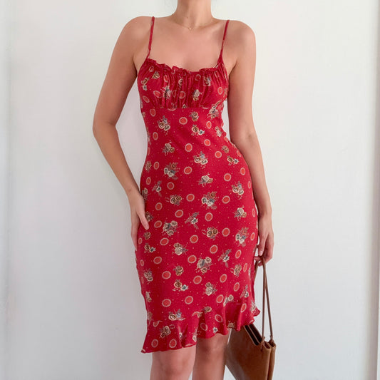 Y2K Rampage Brick Red Rayon Printed Midi Dress / SZ S