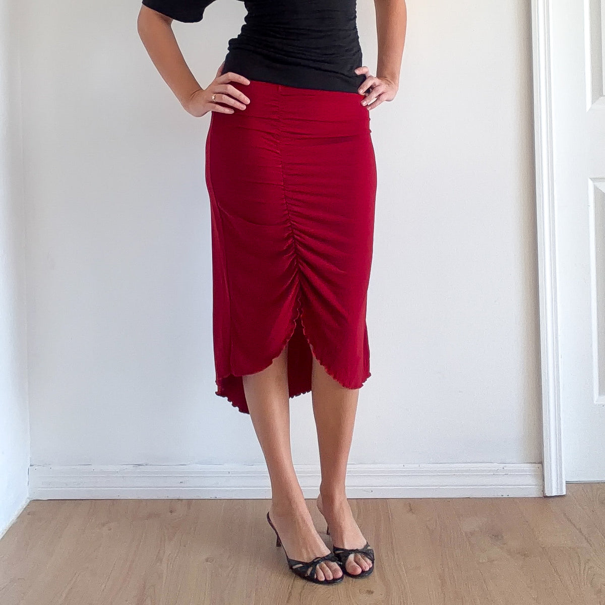 Y2K Burgundy Ruched Midi Skirt / SZ S-M