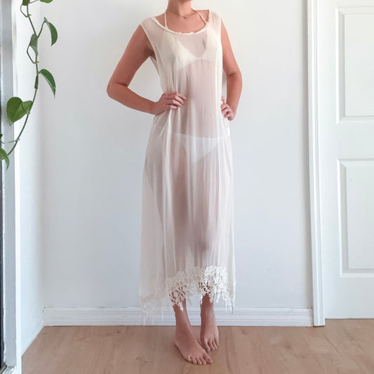 90's Ivory Sheer Rayon Lace Maxi Dress / One Size