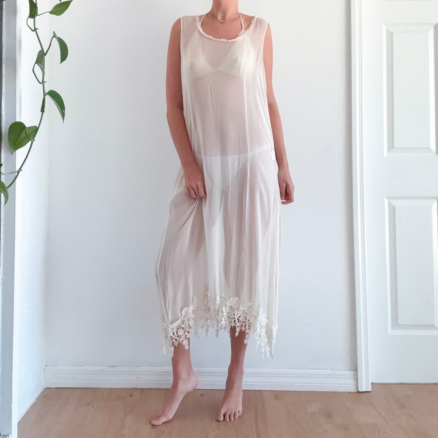 90's Ivory Sheer Rayon Lace Maxi Dress / One Size