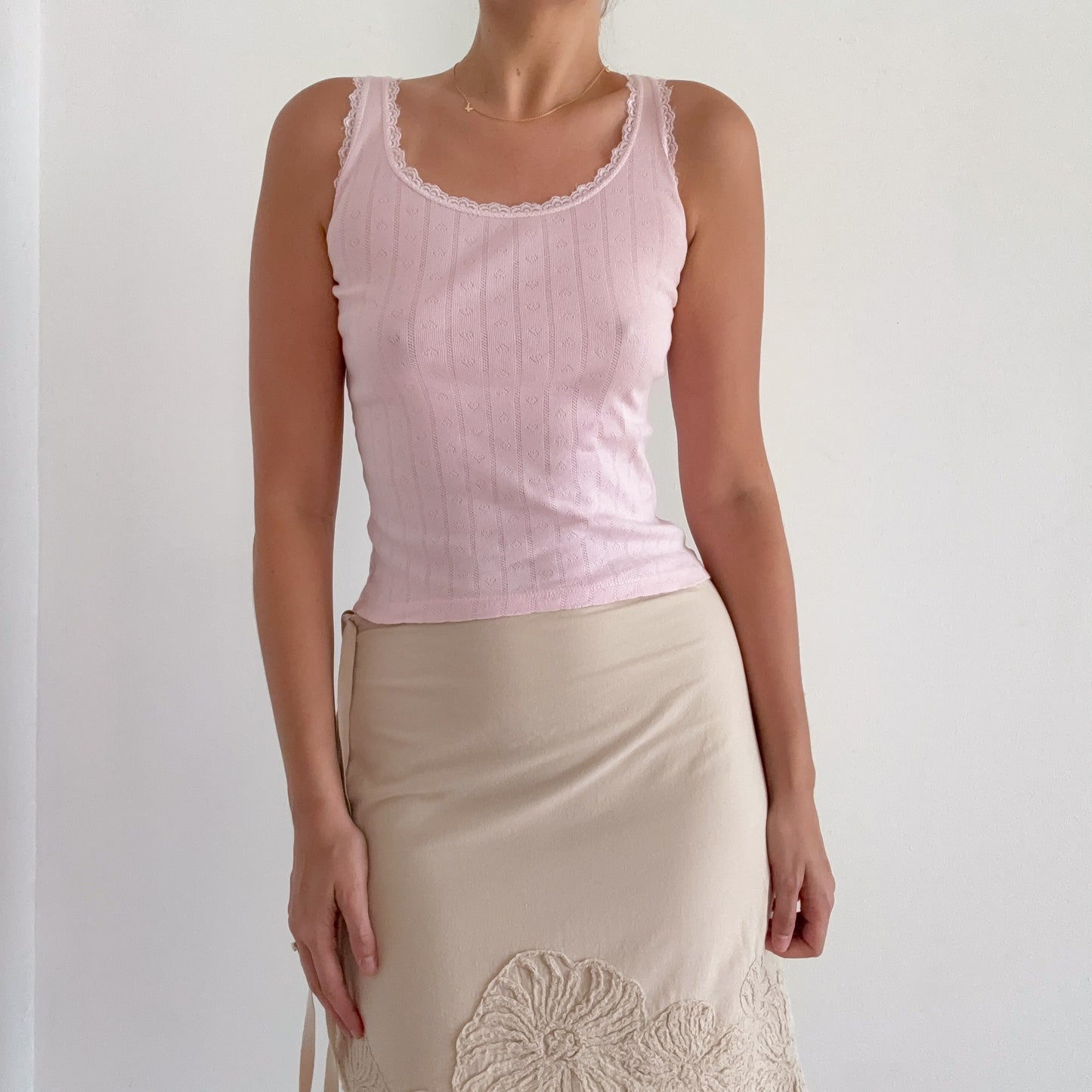 Y2K Baby Pink Cotton Pointelle Tank / SZ S
