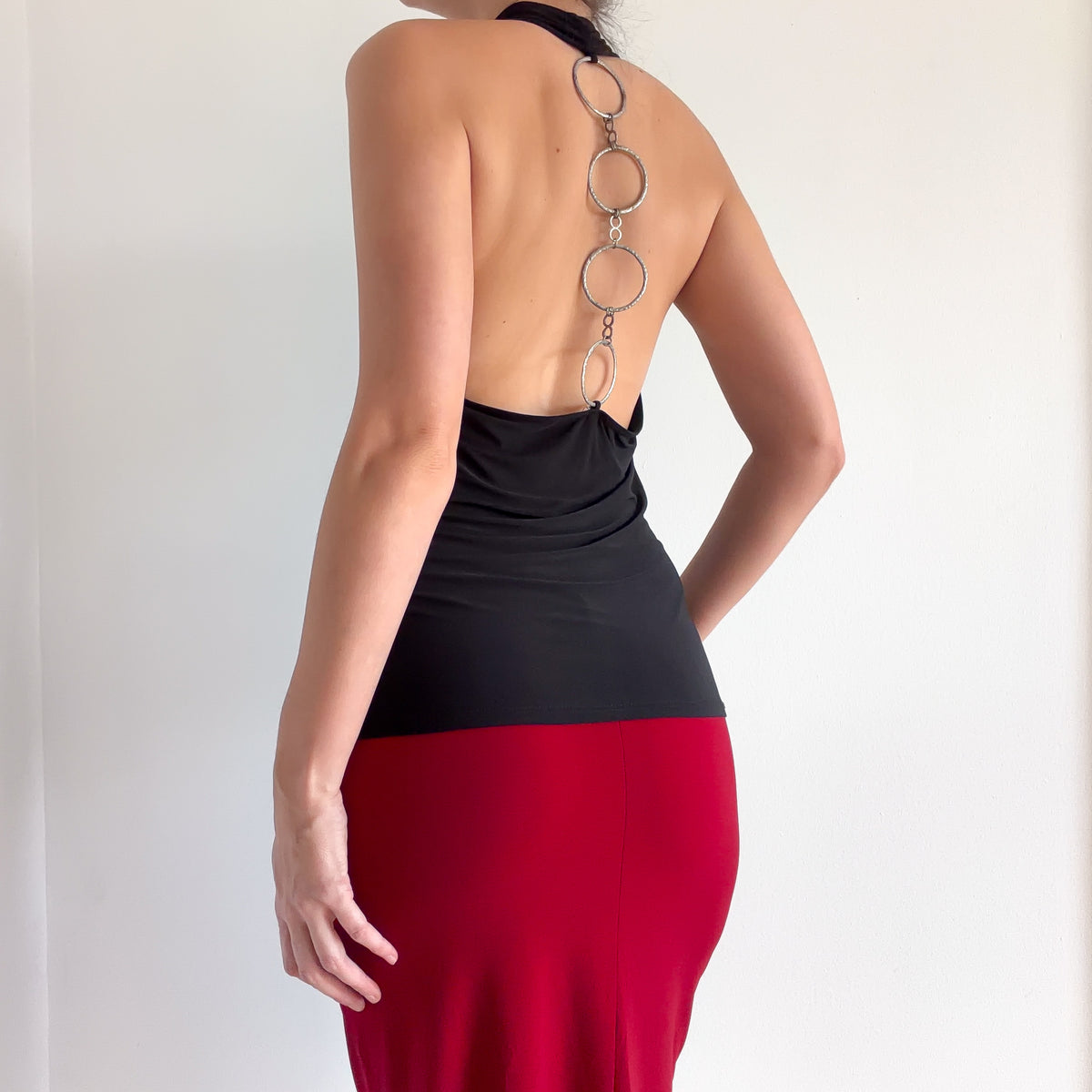 Y2K Black O-Ring Backless Draped Top / SZ M/L