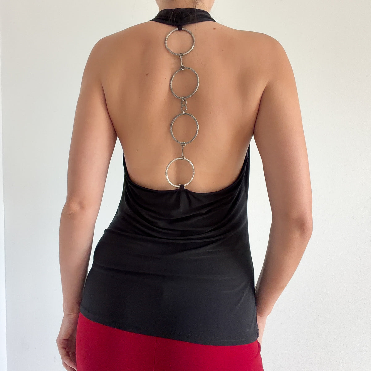 Y2K Black O-Ring Backless Draped Top / SZ M/L