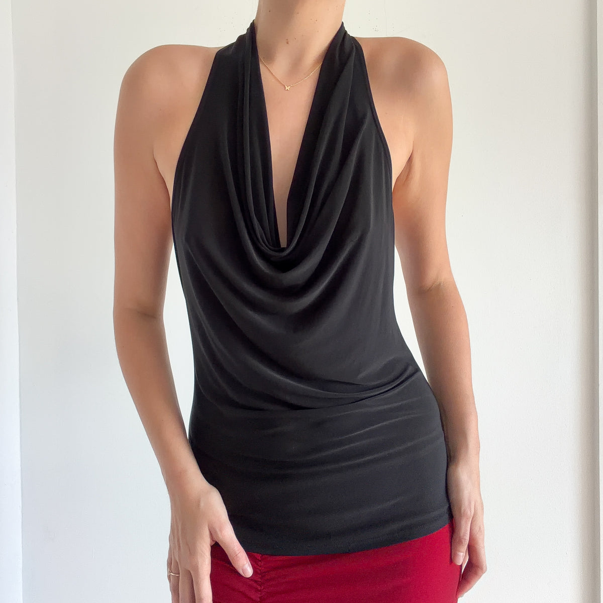 Y2K Black O-Ring Backless Draped Top / SZ M/L