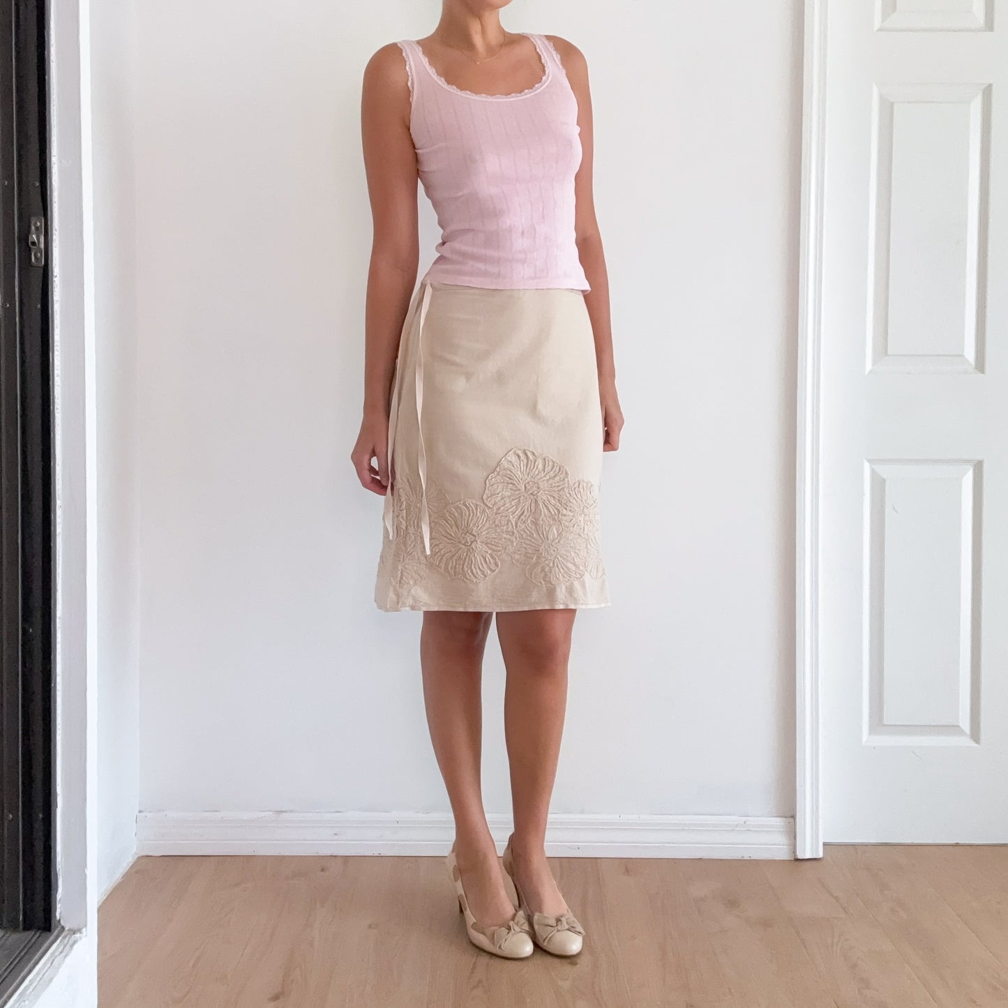 Y2K Cream Cotton Embroidered Midi Skirt / SZ 4