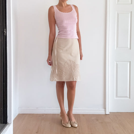 Y2K Cream Cotton Embroidered Midi Skirt / SZ 4