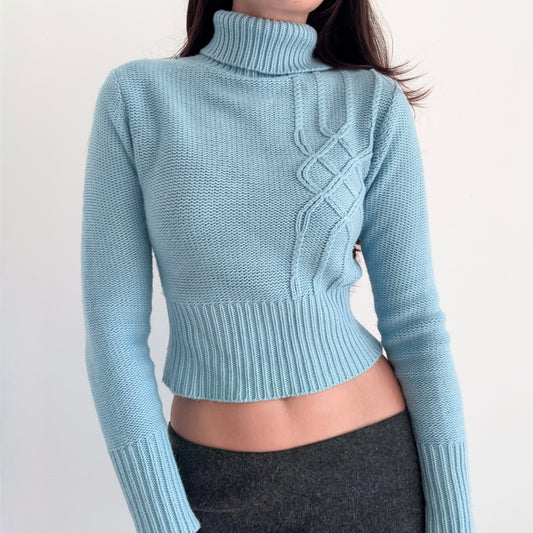 Y2K Baby Blue Knit Turtleneck Sweater / SZ M