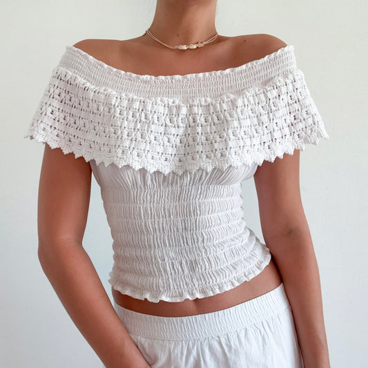 Y2K White Cotton Smocked Beach Top / SZ S-M