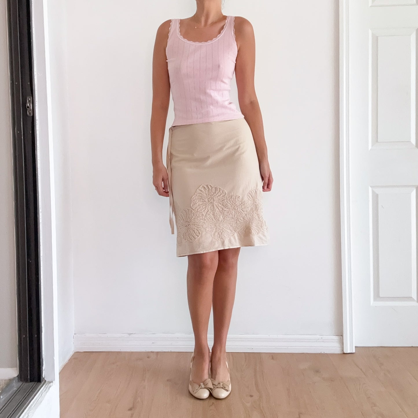 Y2K Cream Cotton Embroidered Midi Skirt / SZ 4