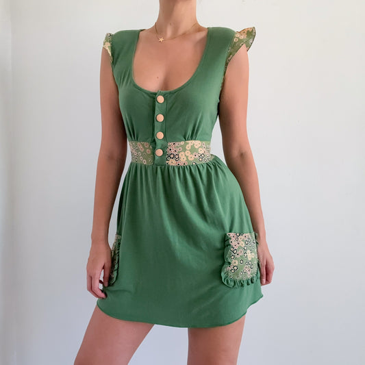 Y2K Green Flower Babydoll Mini Dress / SZ M