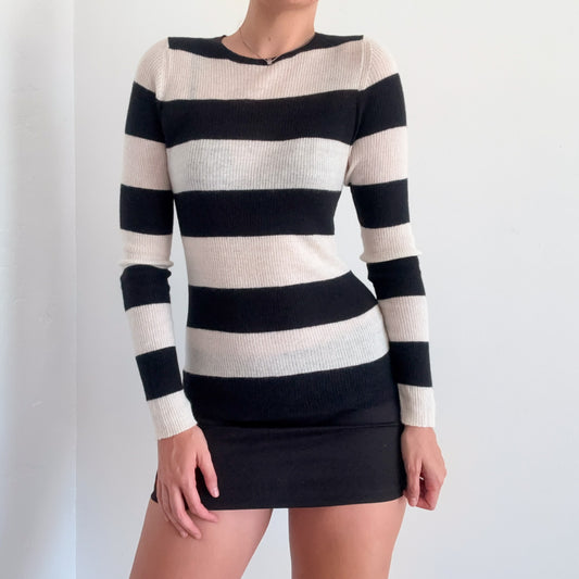 Y2K Ivory & Black Mohair Blend Knit Top / SZ M